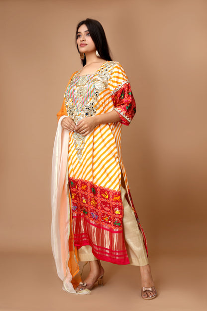 Off-White Modal Satin Kurta Set with Hand-Embroidered Mirror Work & Shifon Dupatta