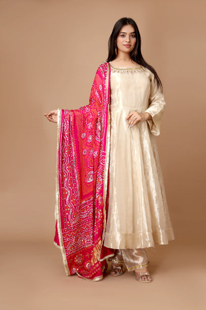 Gold Banarasi Silk Anarkali Set with Handwoven Embroidery & Fuchsia Pink Dupatta