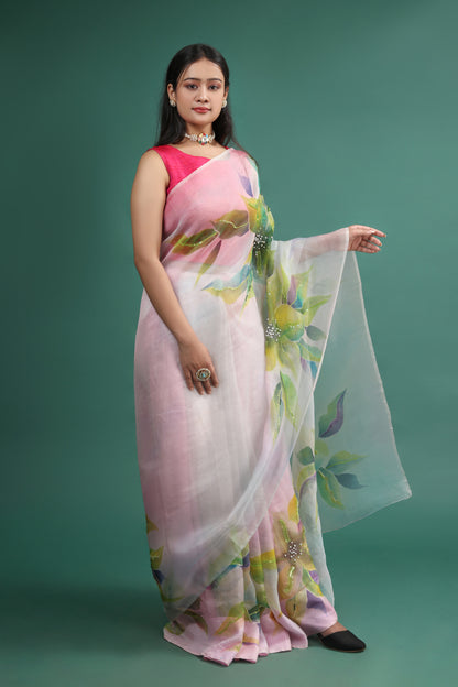 Hand Painted Pure Silk Organza Saree in Pastel Pink