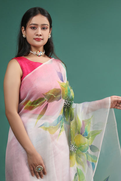 Hand Painted Pure Silk Organza Saree in Pastel Pink