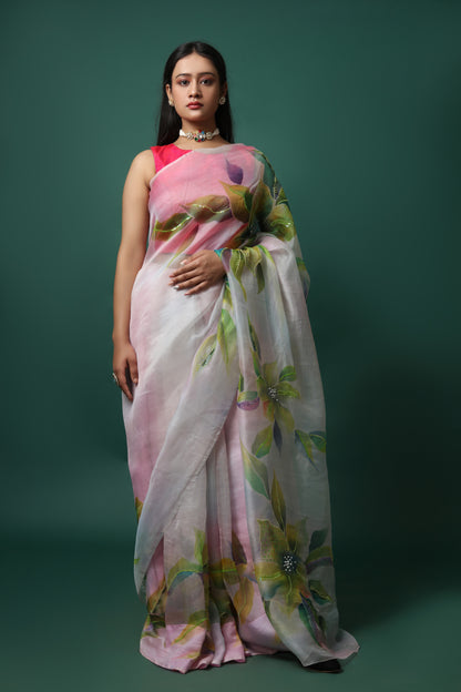 Hand Painted Pure Silk Organza Saree in Pastel Pink