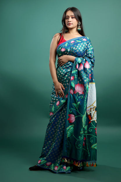 Turquoise Blue and Green Banarasi Silk Saree with Hand-Painted Pichwai Art