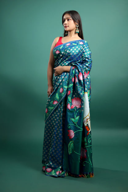 Turquoise Blue and Green Banarasi Silk Saree with Hand-Painted Pichwai Art