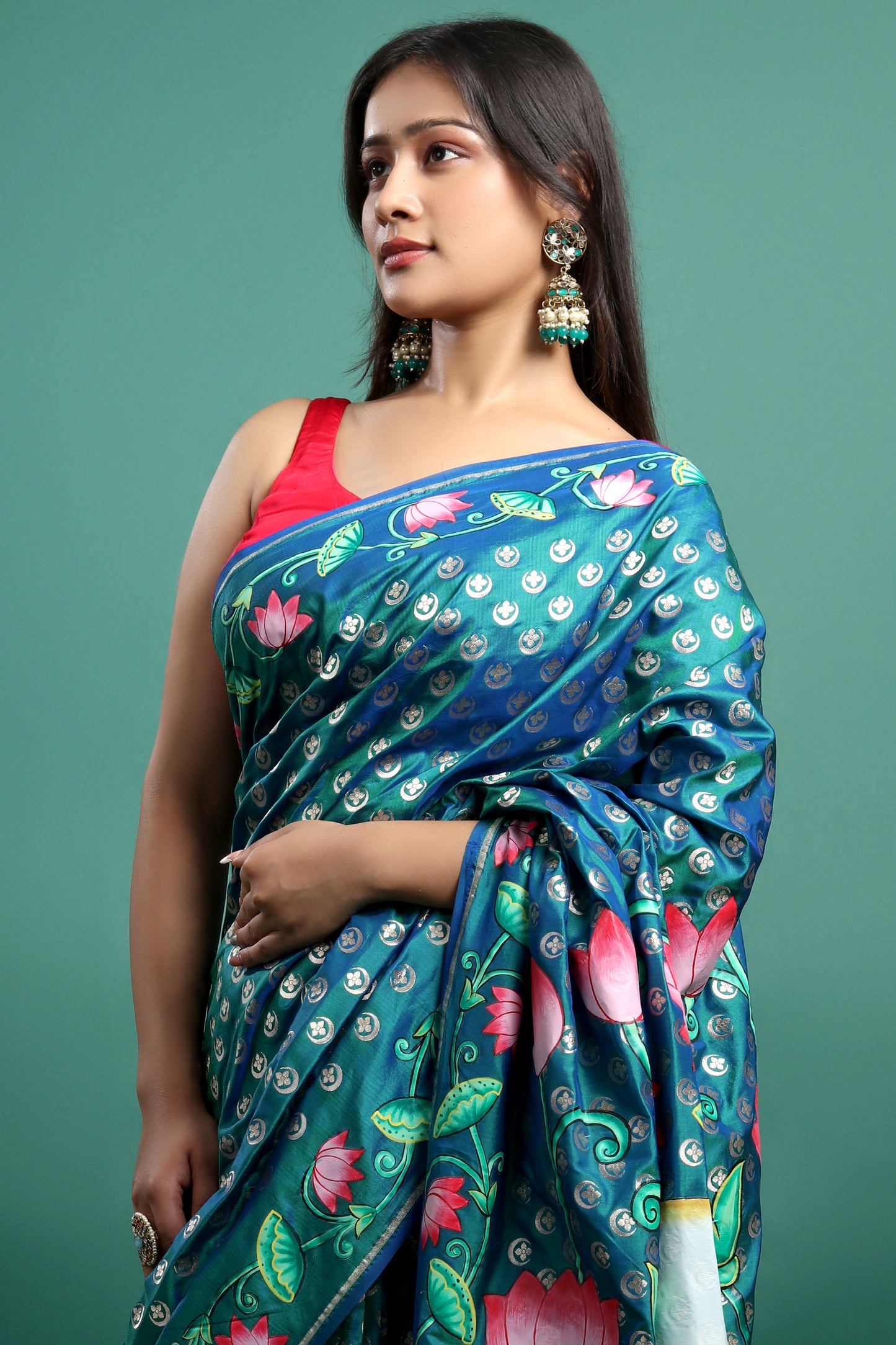 Turquoise Blue and Green Banarasi Silk Saree with Hand-Painted Pichwai Art