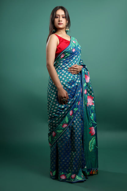 Turquoise Blue and Green Banarasi Silk Saree with Hand-Painted Pichwai Art