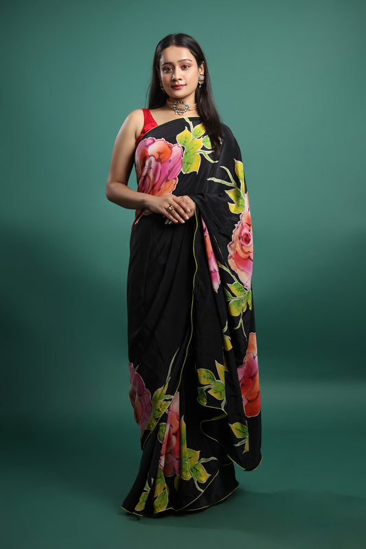 Hand-Painted Pure Silk Satin Saree with Floral Design