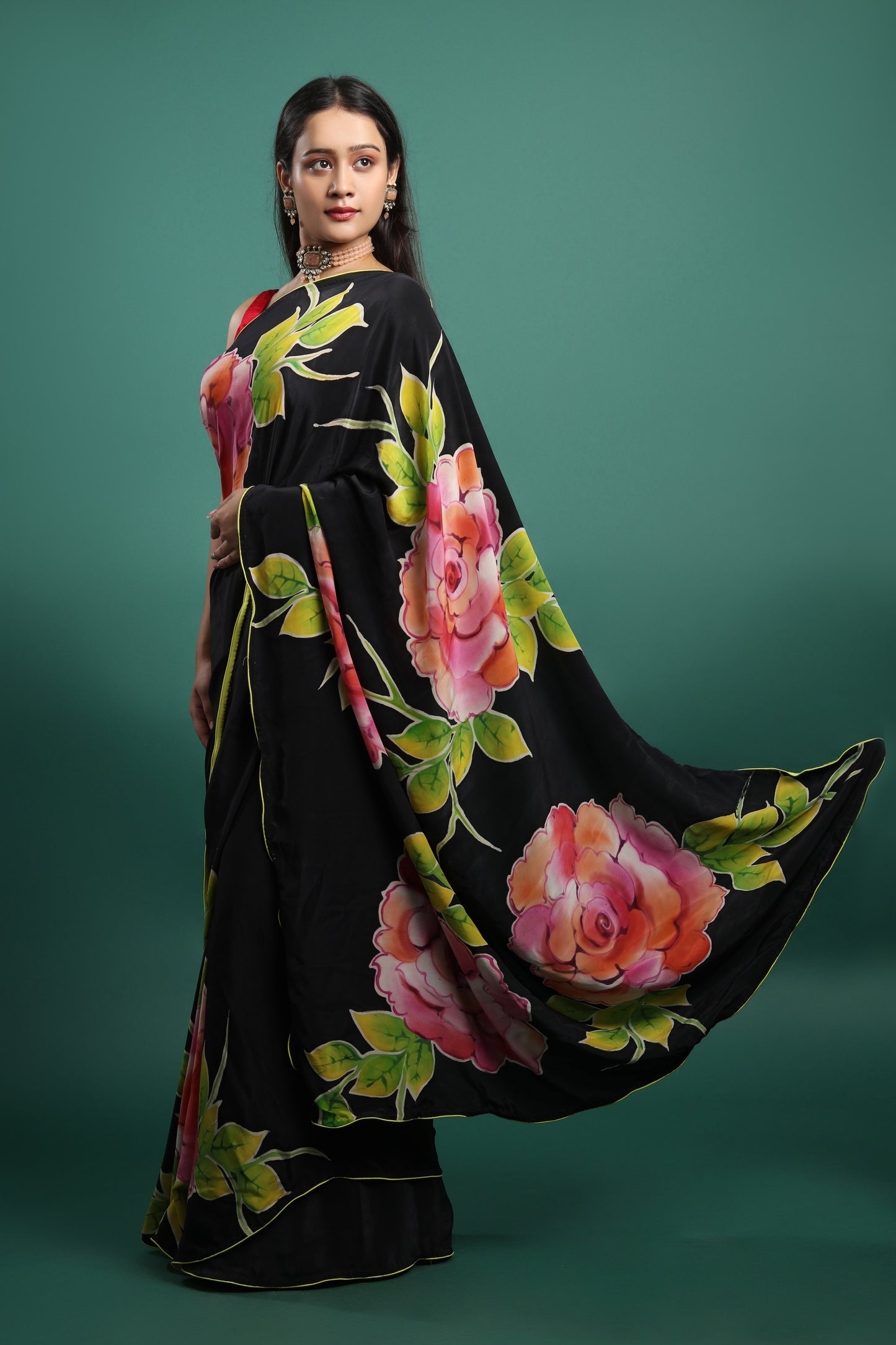 Hand-Painted Pure Silk Satin Saree with Floral Design