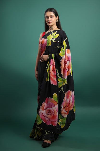 Hand-Painted Pure Silk Satin Saree with Floral Design