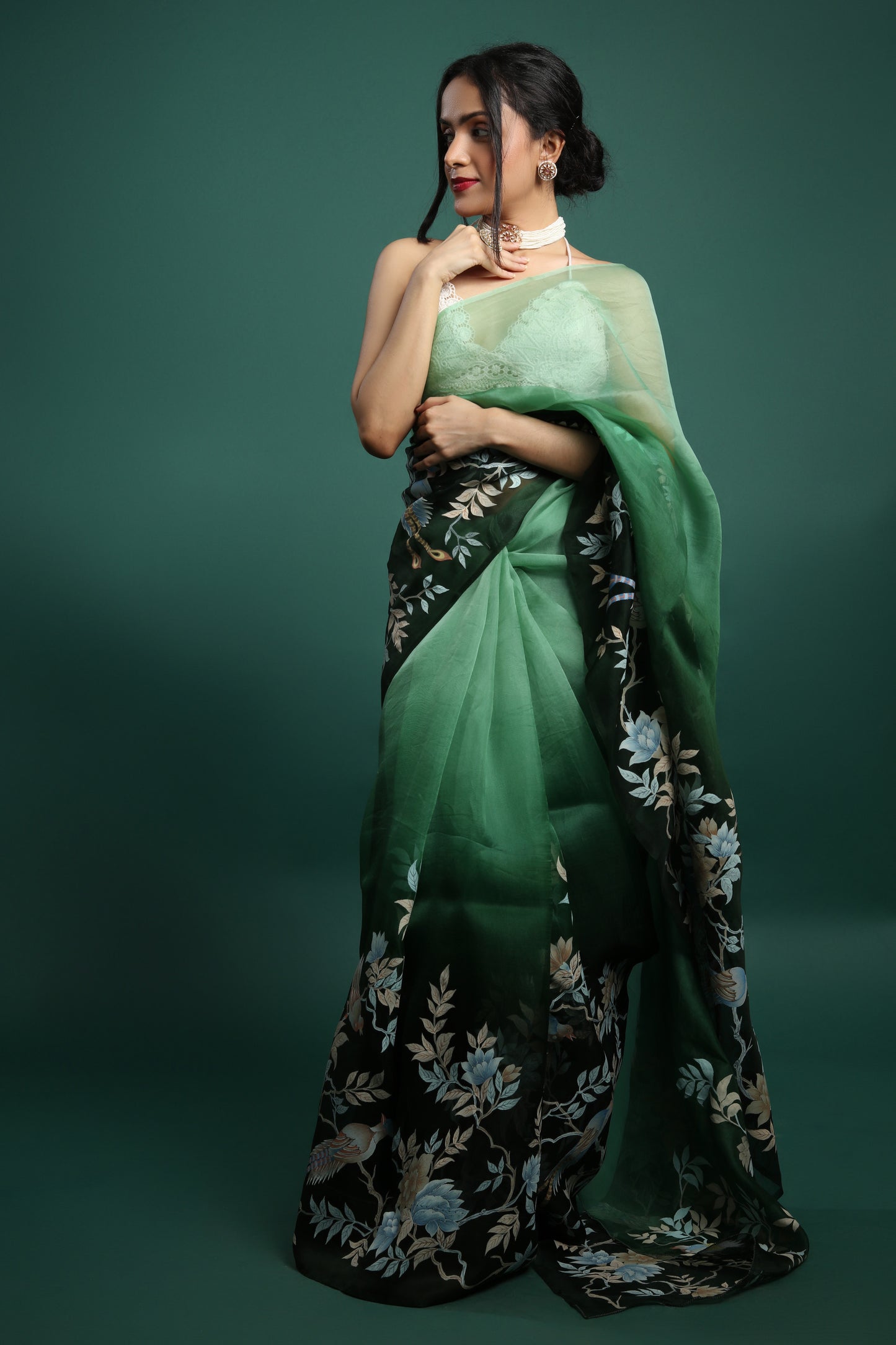 Elegant Hand-Painted Pure Silk Organza Saree in Deep Green