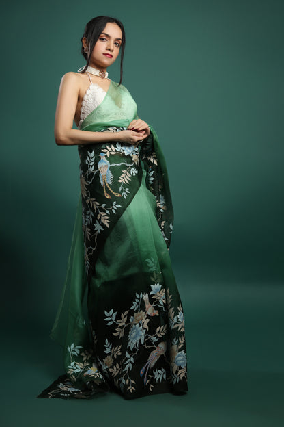 Elegant Hand-Painted Pure Silk Organza Saree in Deep Green