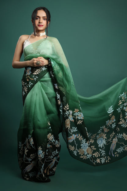 Elegant Hand-Painted Pure Silk Organza Saree in Deep Green