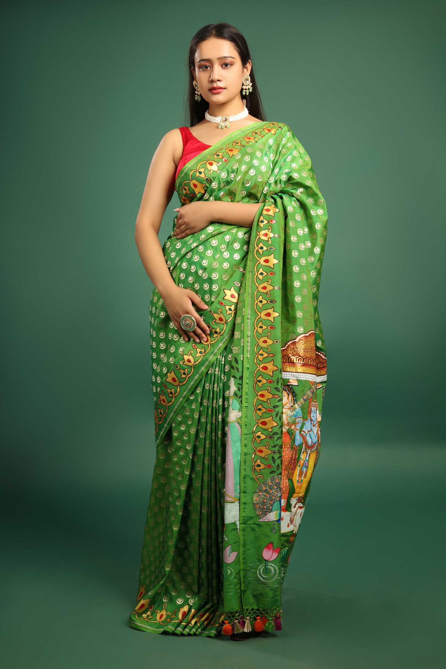 Leaf Green Banarasi Katan Silk Saree with Pichwai Art