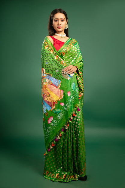 Leaf Green Banarasi Katan Silk Saree with Pichwai Art