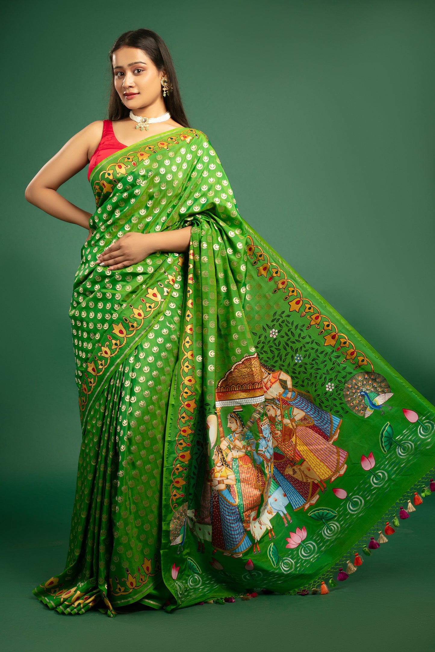 Leaf Green Banarasi Katan Silk Saree with Pichwai Art