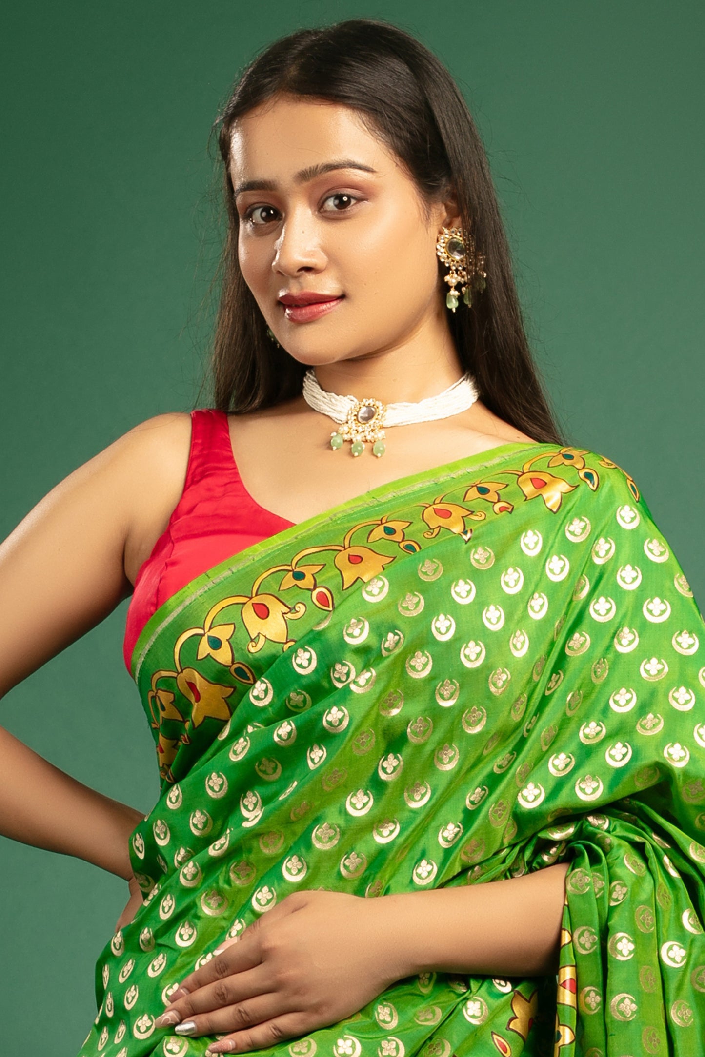 Leaf Green Banarasi Katan Silk Saree with Pichwai Art