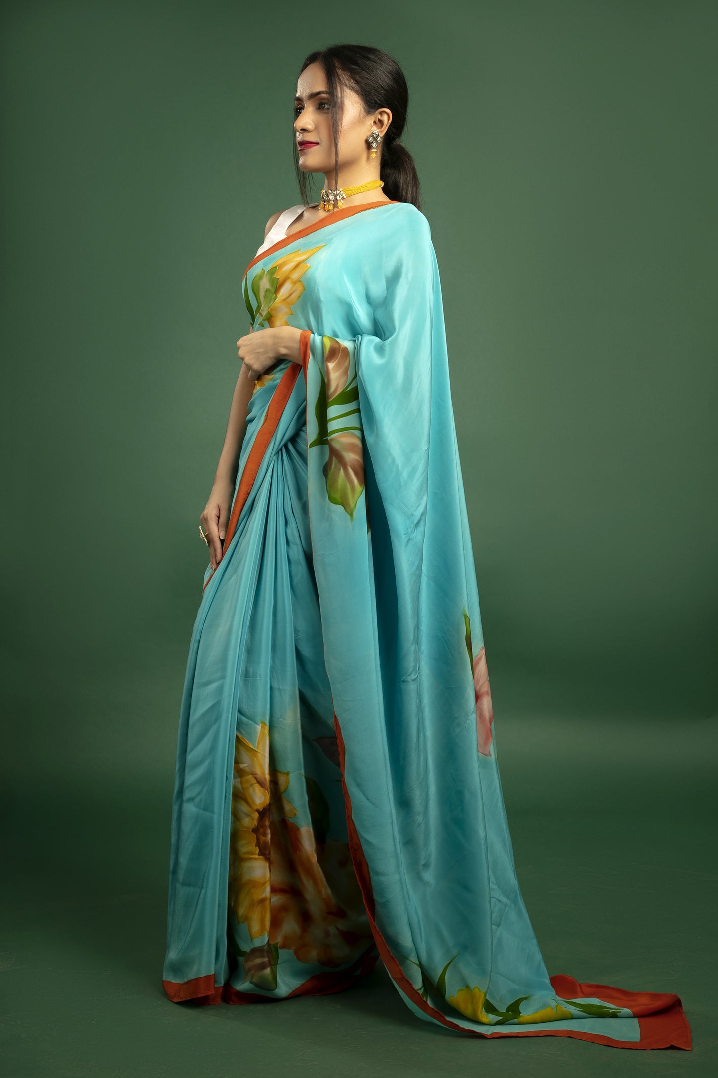 Turquoise Blue Mulberry Silk Crepe Saree