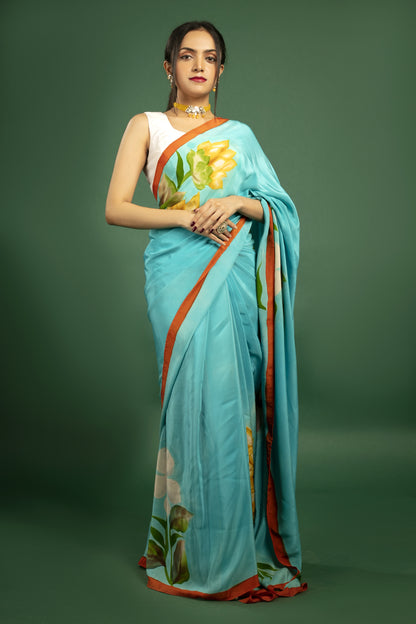 Turquoise Blue Mulberry Silk Crepe Saree