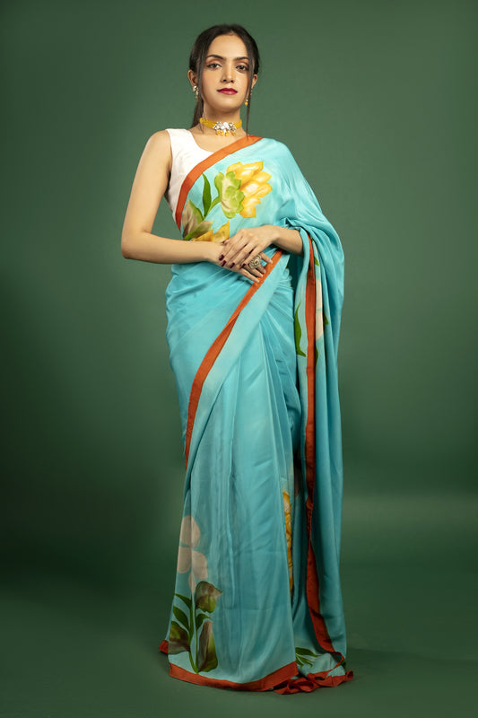 Turquoise Blue Malbari Silk Crepe Saree