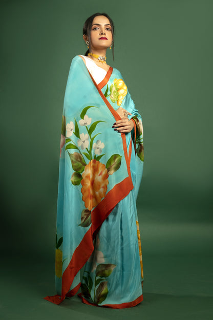 Turquoise Blue Mulberry Silk Crepe Saree