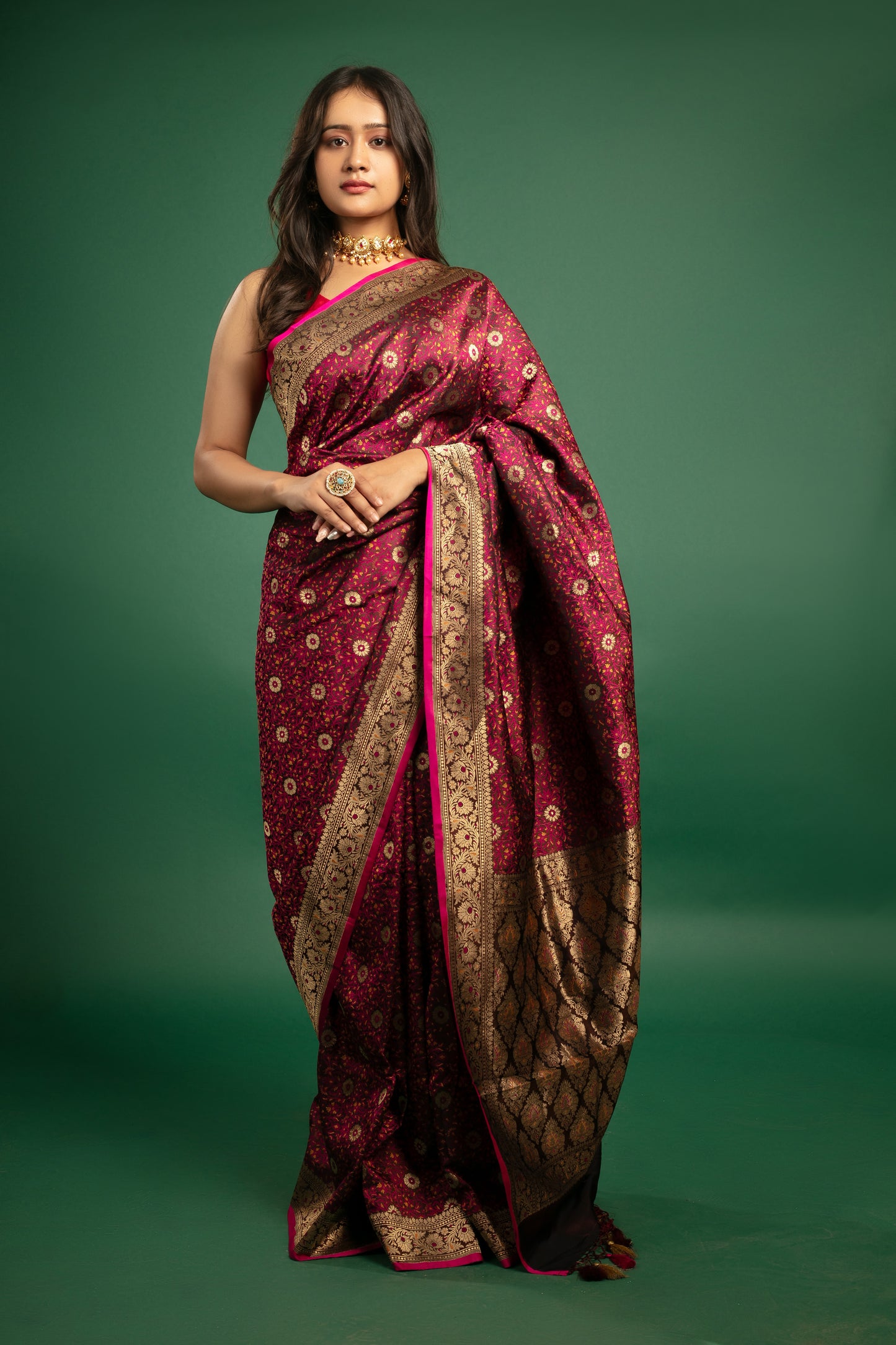 Handwoven Banarasi Silk Saree in Purple & Wine with Zari Weave.