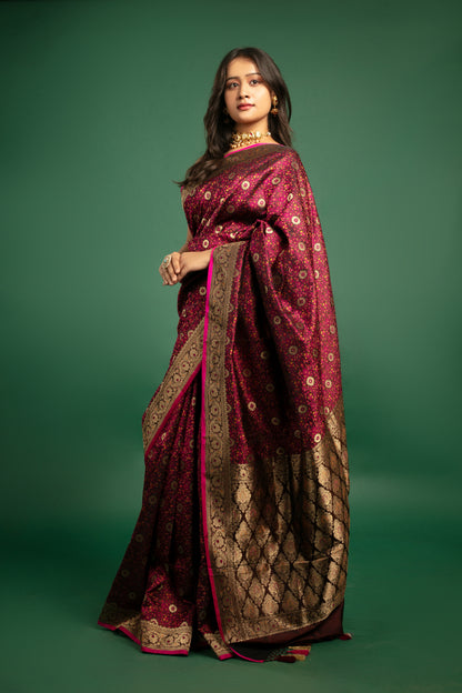 Handwoven Banarasi Silk Saree in Purple & Wine with Zari Weave.