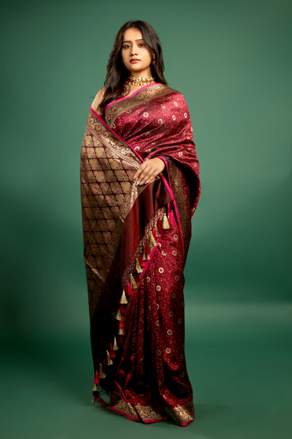 Handwoven Banarasi Silk Saree in Purple & Wine with Zari Weave.