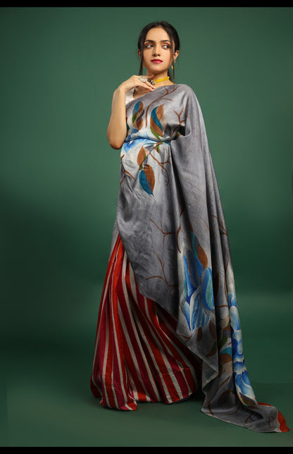 Hand-Painted Cloud Grey Mulberry Silk Saree