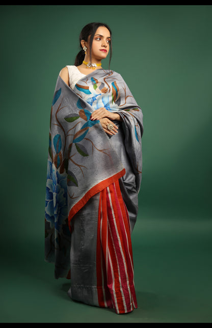 Hand-Painted Cloud Grey Mulberry Silk Saree