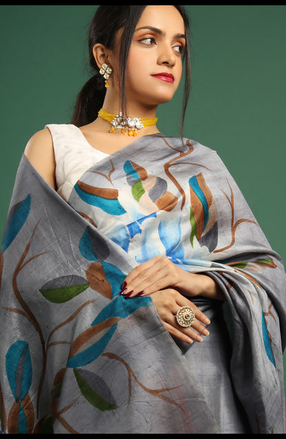 Hand-Painted Cloud Grey Mulberry Silk Saree