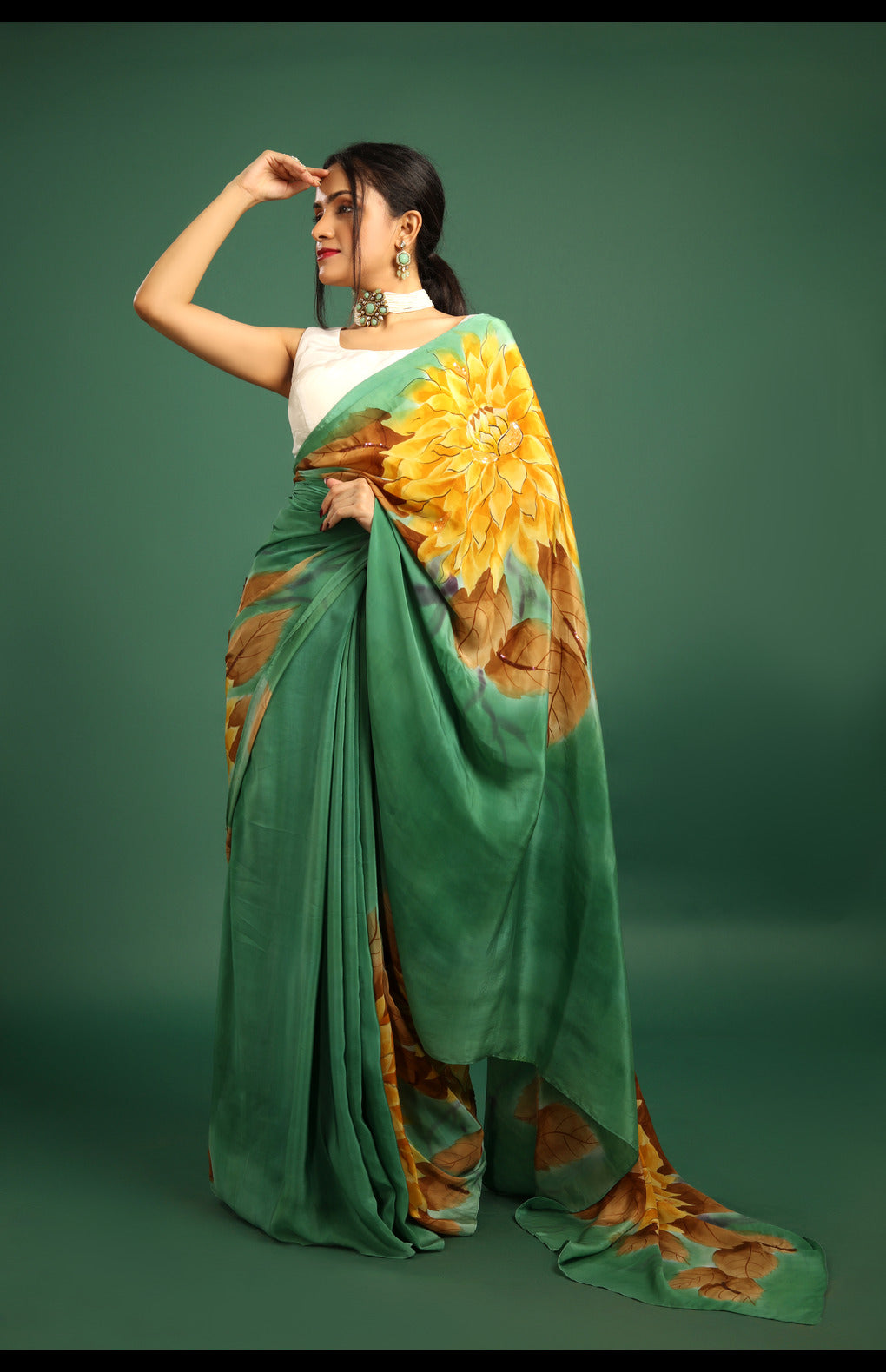 Hand-Painted Sap Green Malbari Silk Crape Saree with Embroidery