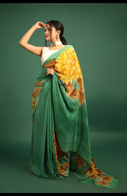 Hand-Painted Sap Green Mulberry Silk Crape Saree with Embroidery