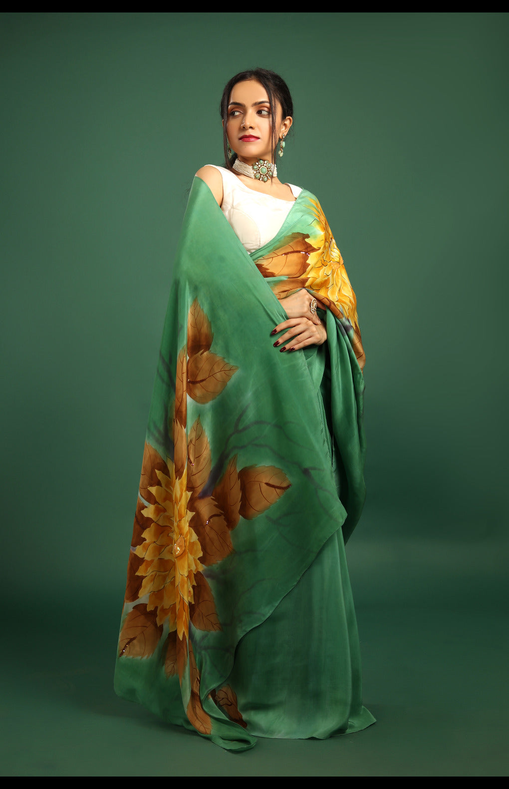 Hand-Painted Sap Green Malbari Silk Crape Saree with Embroidery