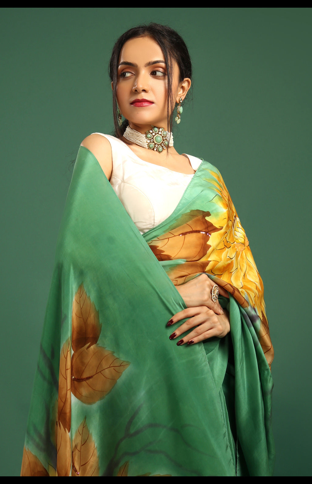 Hand-Painted Sap Green Malbari Silk Crape Saree with Embroidery