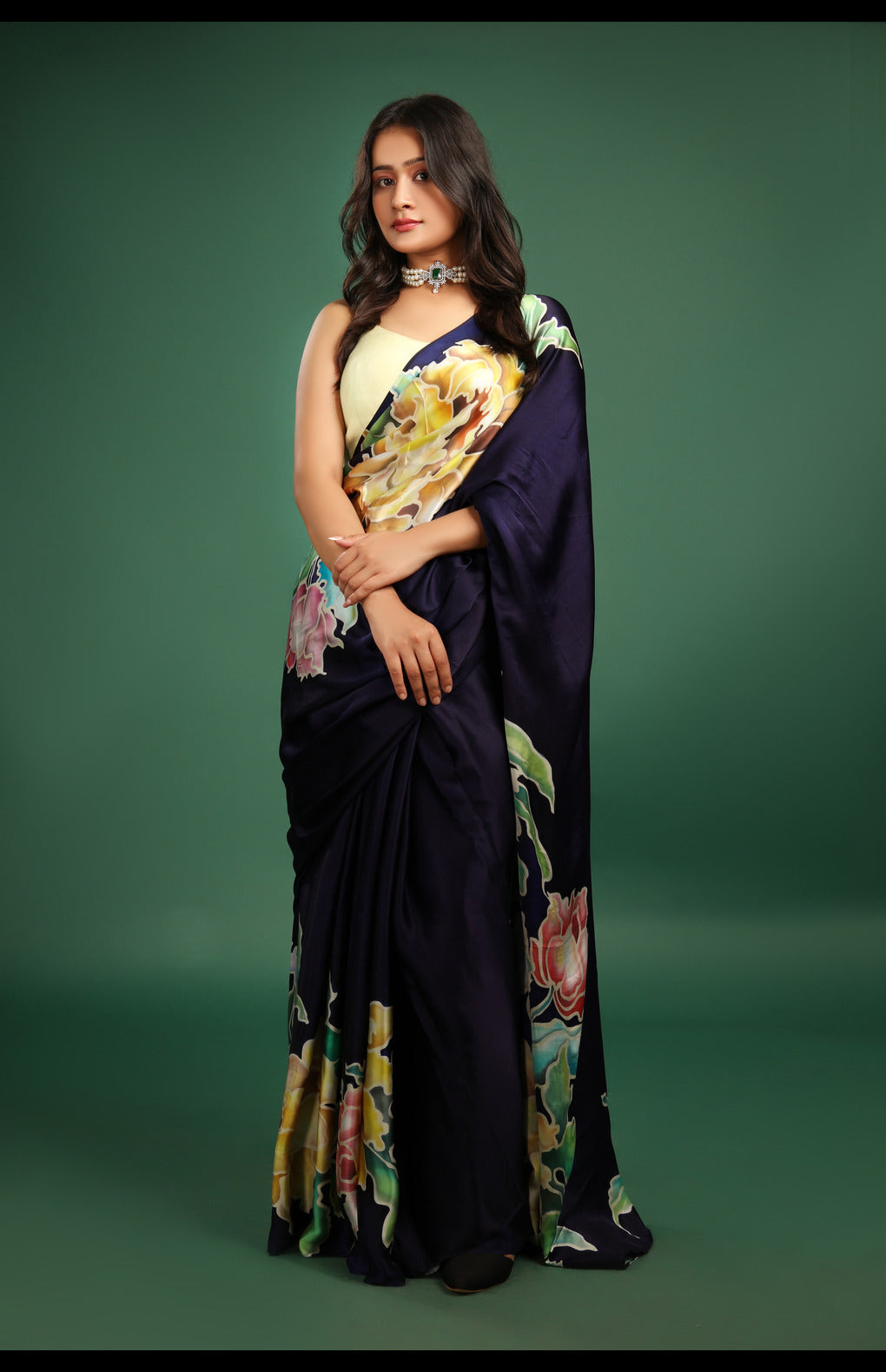 Hand-Painted Midnight Blue Mulberry Silk Satin Saree