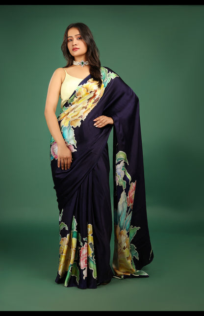 Hand-Painted Midnight Blue Mulberry Silk Satin Saree