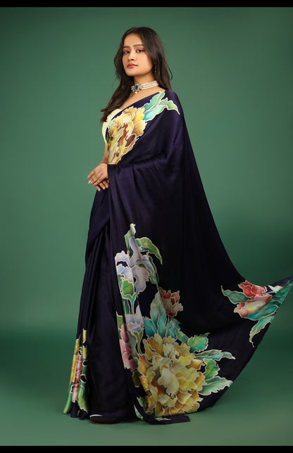 Hand-Painted Midnight Blue Mulberry Silk Satin Saree