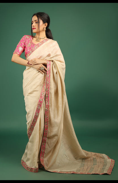 Hand-Embroidered Tusser Silk Saree with Fuchsia Gota Patti Blouse