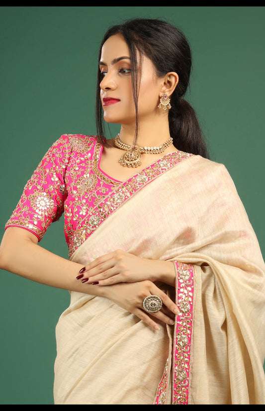 Hand-Embroidered Tusser Silk Saree with Fuchsia Gota Patti Blouse