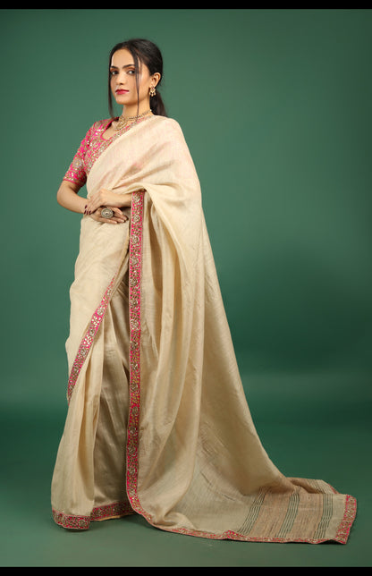 Hand-Embroidered Tusser Silk Saree with Fuchsia Gota Patti Blouse