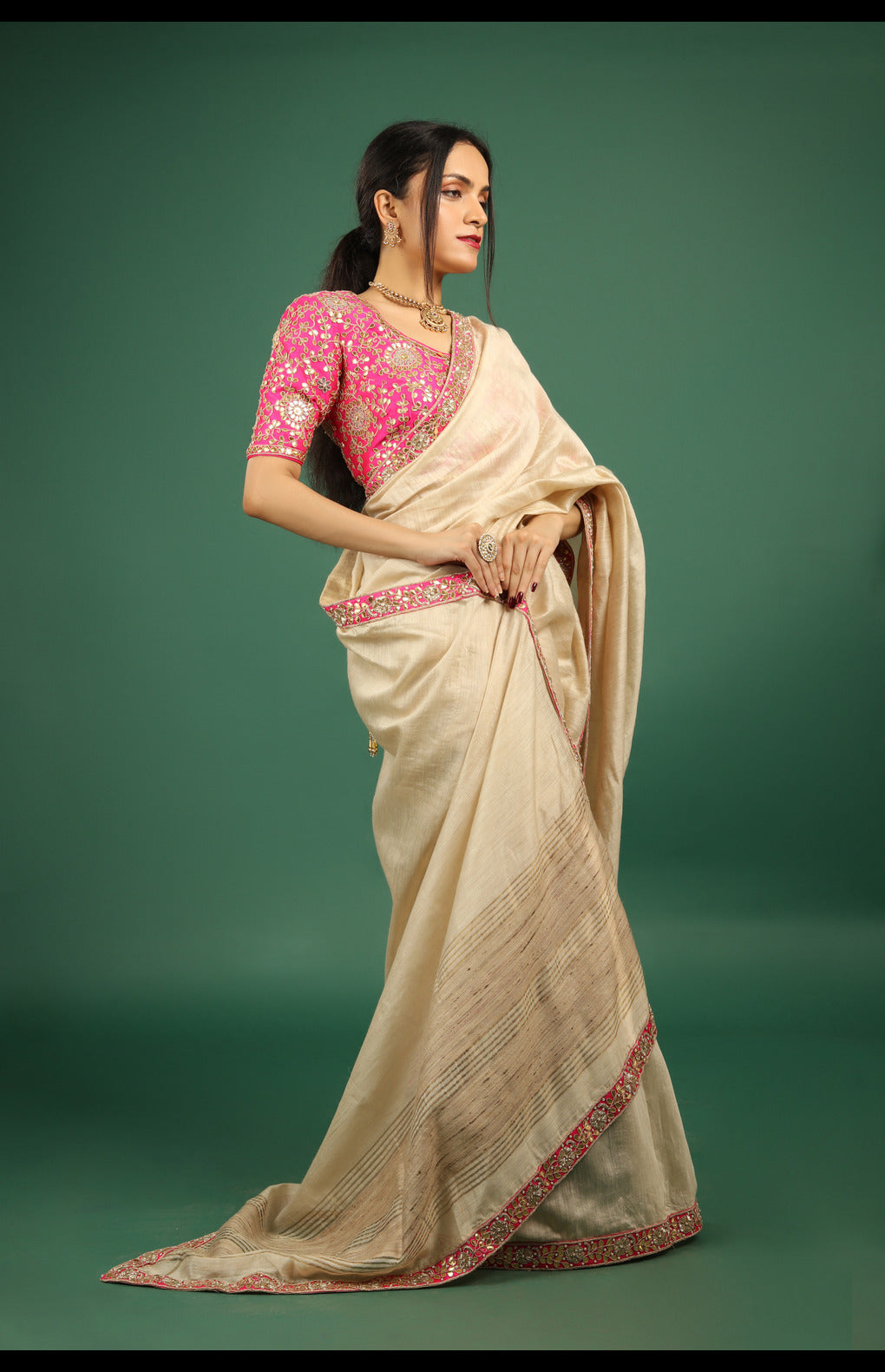 Hand-Embroidered Tusser Silk Saree with Fuchsia Gota Patti Blouse