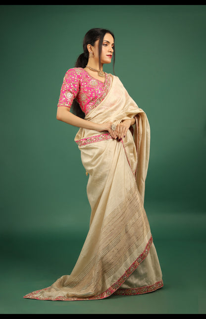 Hand-Embroidered Tusser Silk Saree with Fuchsia Gota Patti Blouse