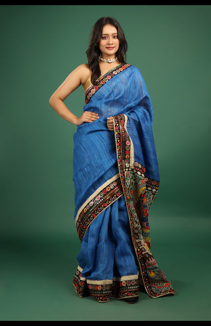 Hand-Painted Tusser Gicha Silk Saree with Madhubani Art and Embroidered Border