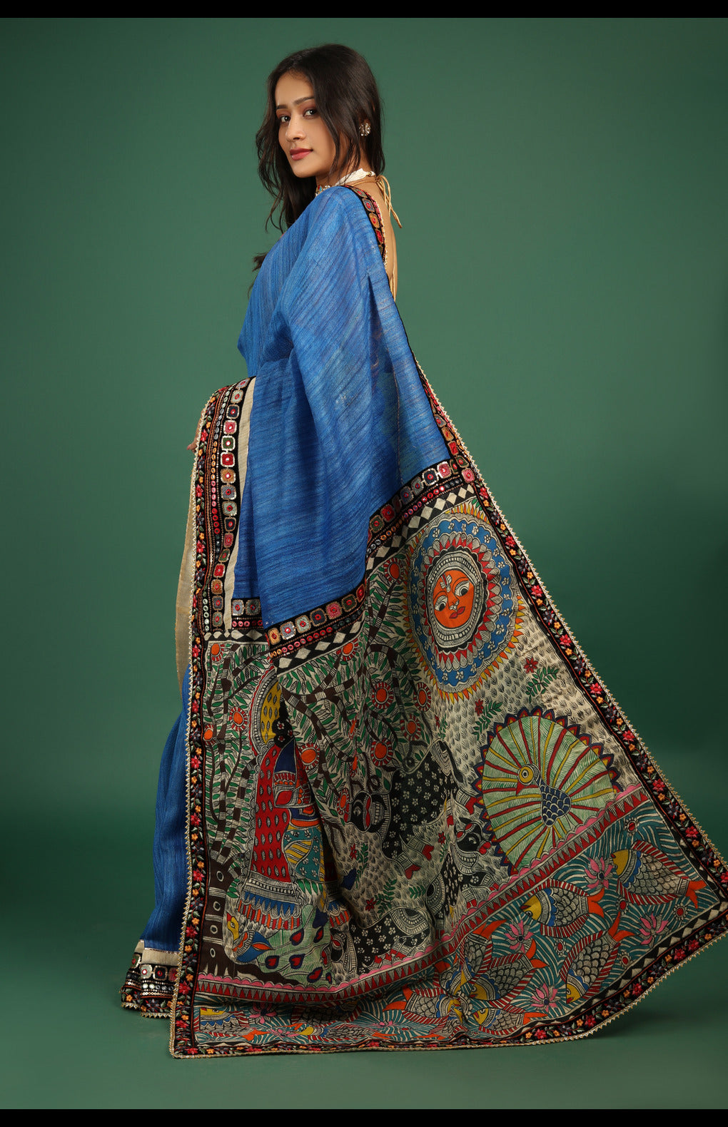 Hand-Painted Tusser Gicha Silk Saree with Madhubani Art and Embroidered Border