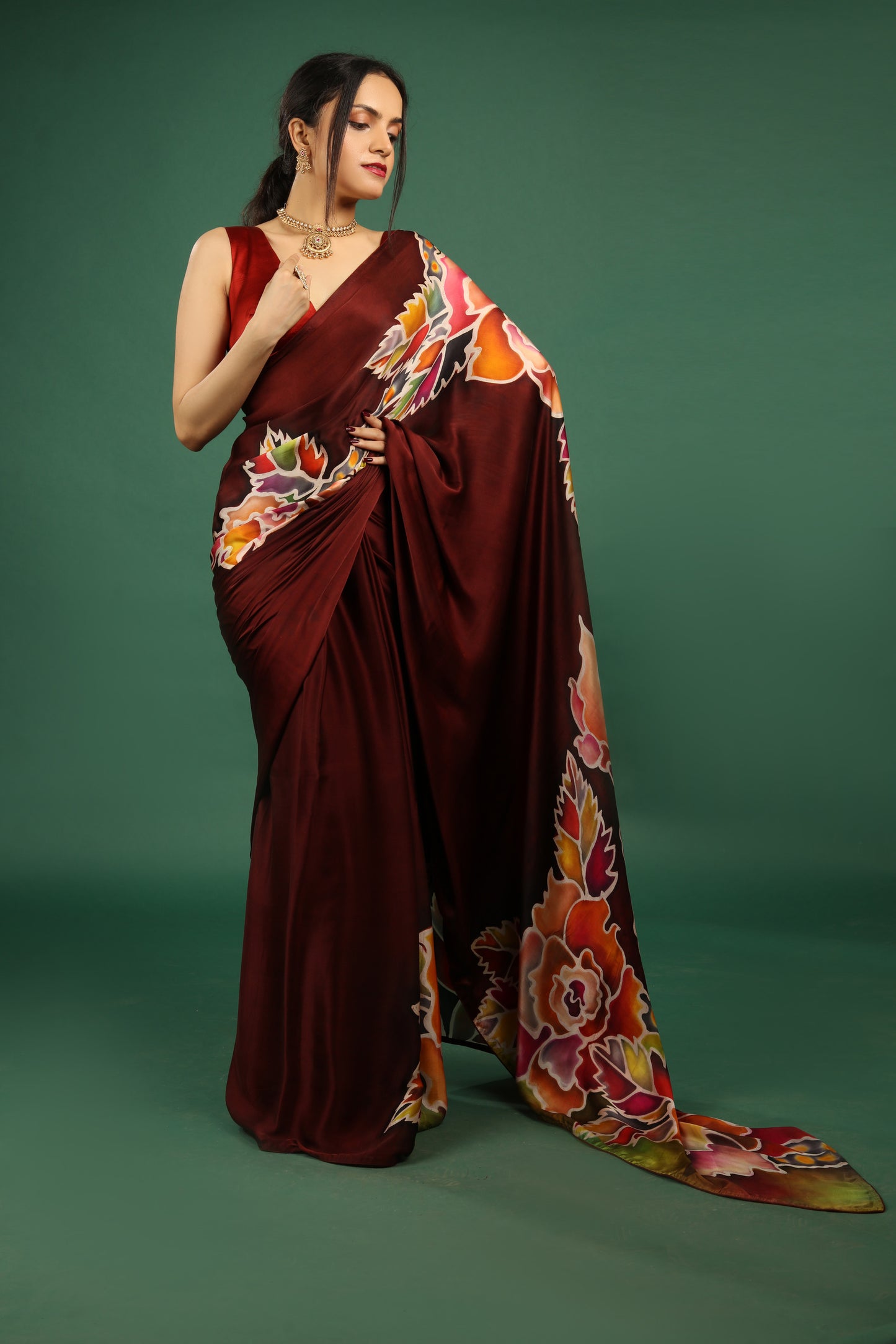 Hand-Painted Pure Silk Satin Saree in Deep Maroon