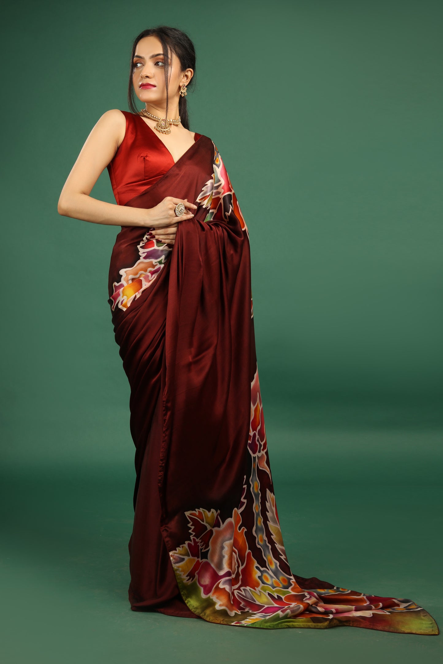 Hand-Painted Pure Silk Satin Saree in Deep Maroon