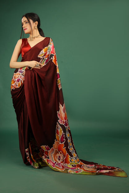 Hand-Painted Pure Silk Satin Saree in Deep Maroon