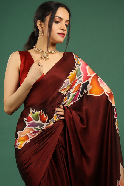 Hand-Painted Pure Silk Satin Saree in Deep Maroon