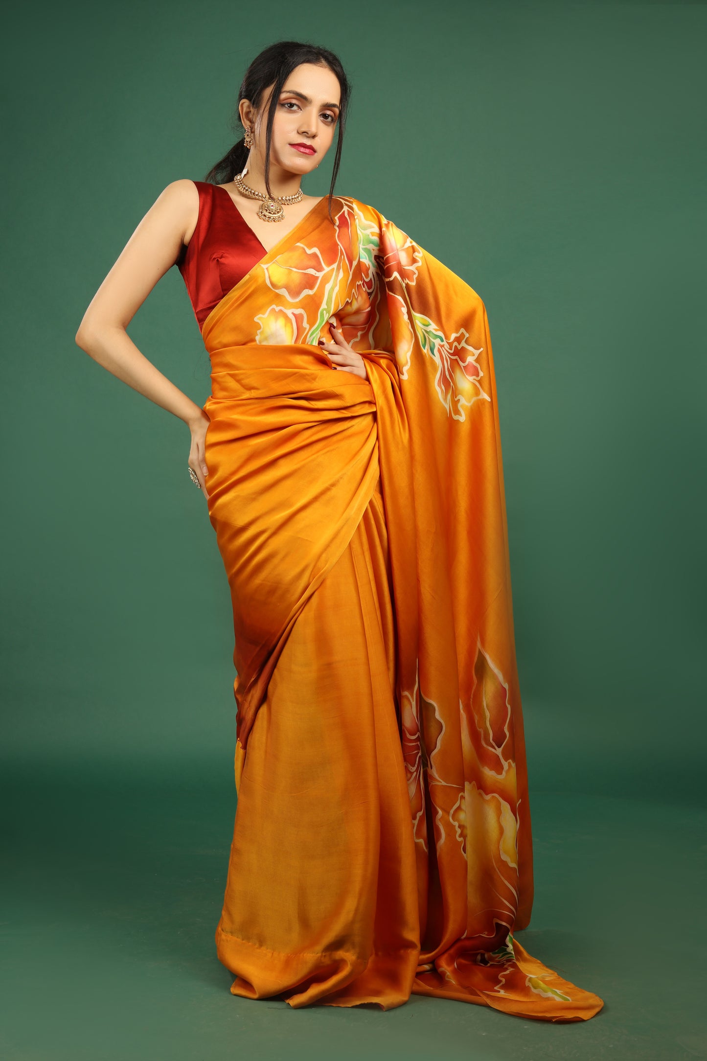 Vibrant Hand-Painted Pure Silk Satin Saree in Fiery Orange