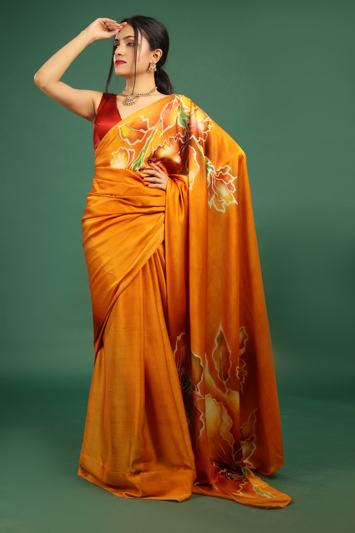 Vibrant Hand-Painted Pure Silk Satin Saree in Fiery Orange