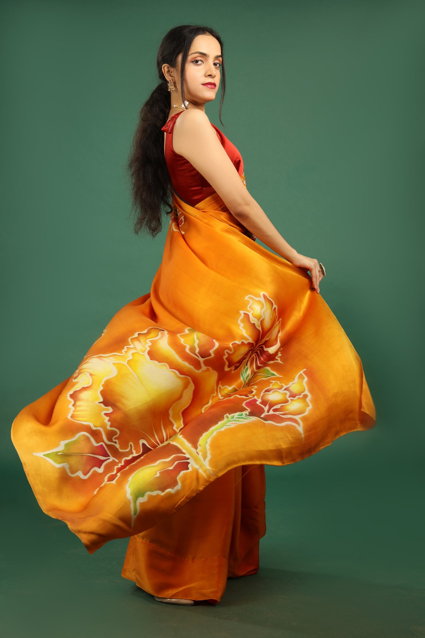 Vibrant Hand-Painted Pure Silk Satin Saree in Fiery Orange